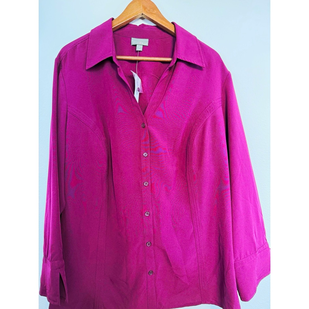 roz&ali Plus Size 3X Purple Solid Woven Button Front Collared Blouse Long Sleeve